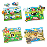 Wooden Peg Puzzle 4-Pack – Vehicles, Farm, Safari, Pets F0