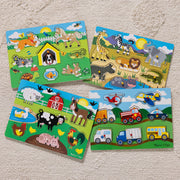 Wooden Peg Puzzle 4-Pack – Vehicles, Farm, Safari, Pets F0
